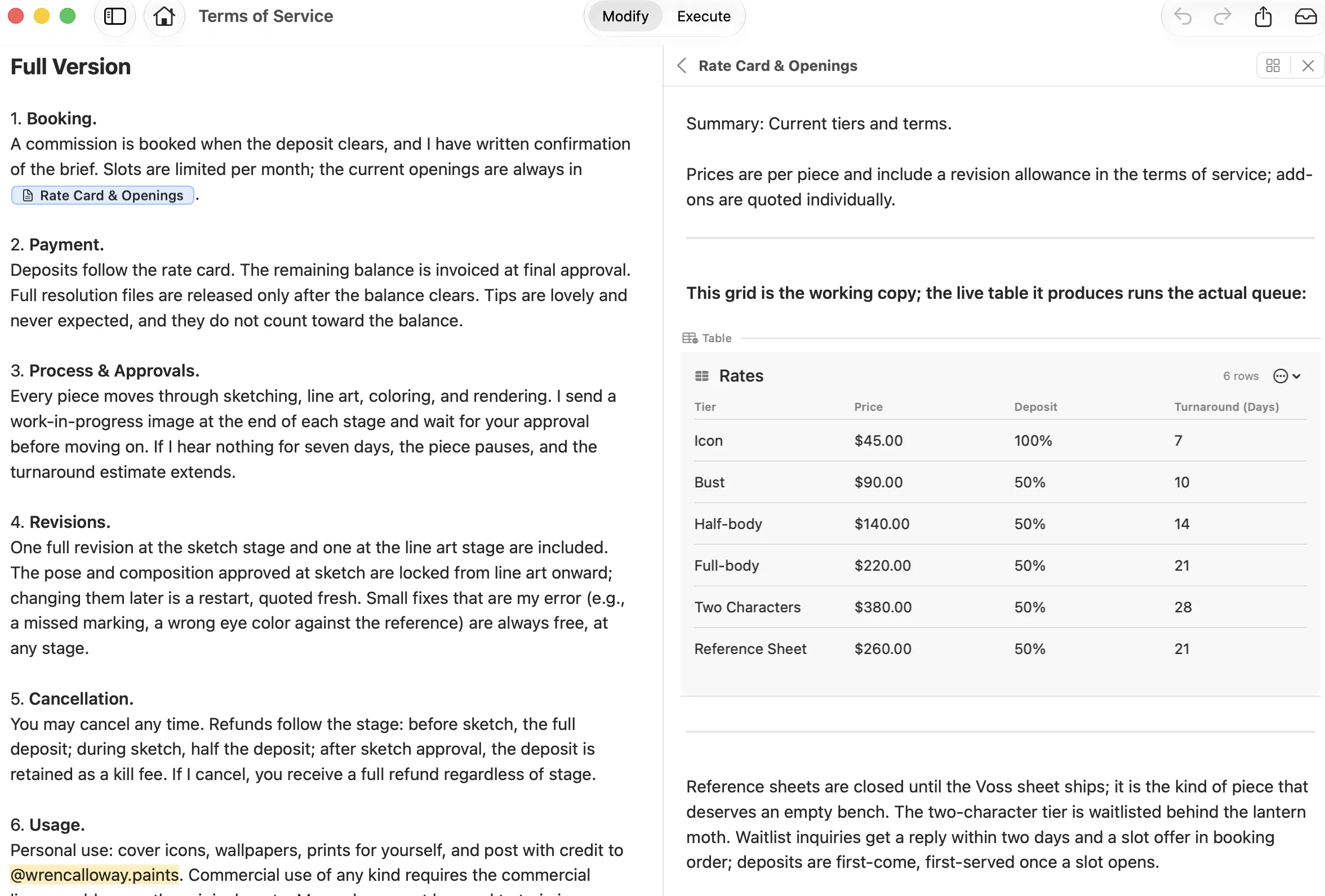 Two Modexe documents side by side, Terms of Service on the left and Rate Card & Openings in the Sidebar Companion on the right.
