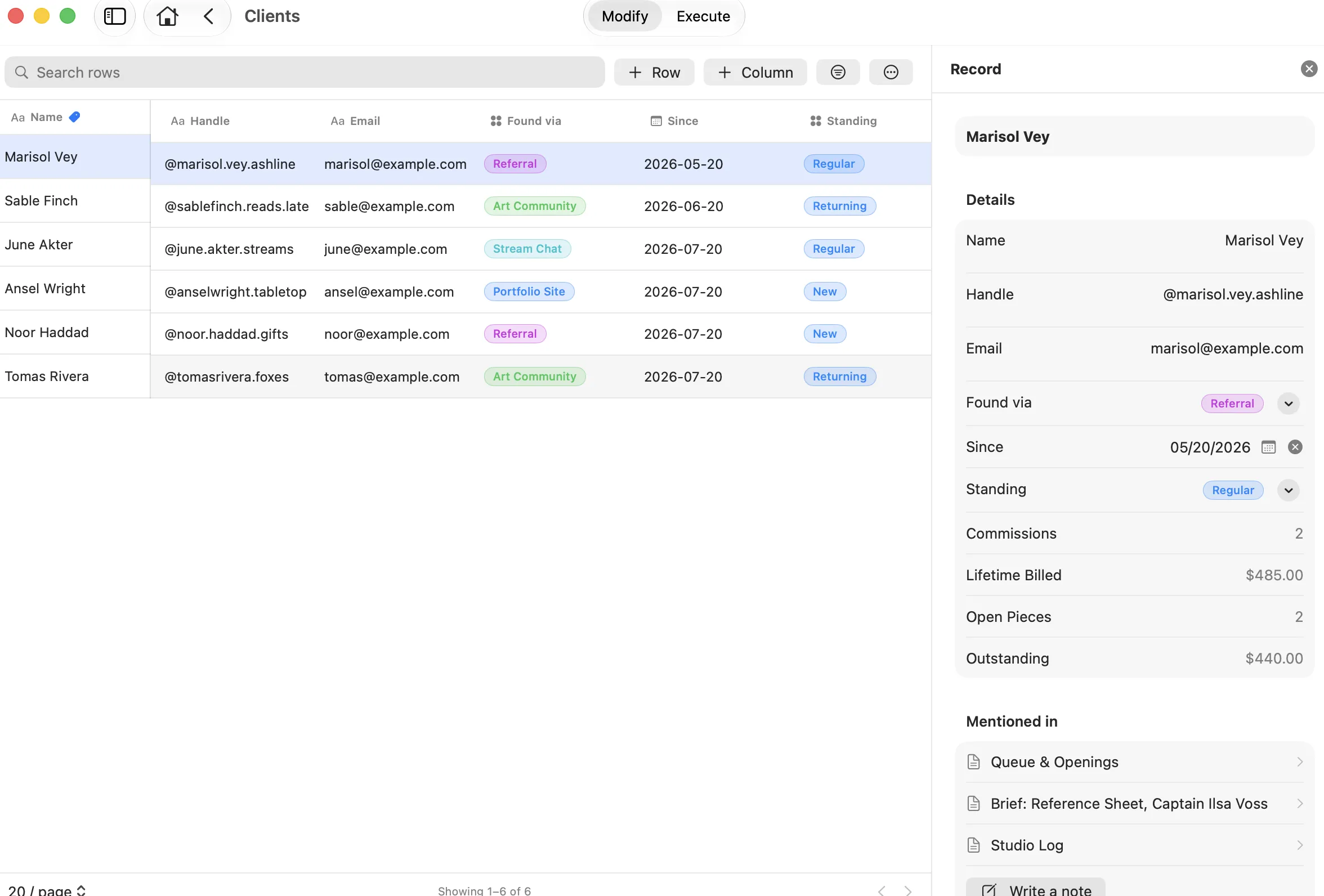 A Modexe Clients table with typed columns and colored status badges, and the record for one client open beside it.