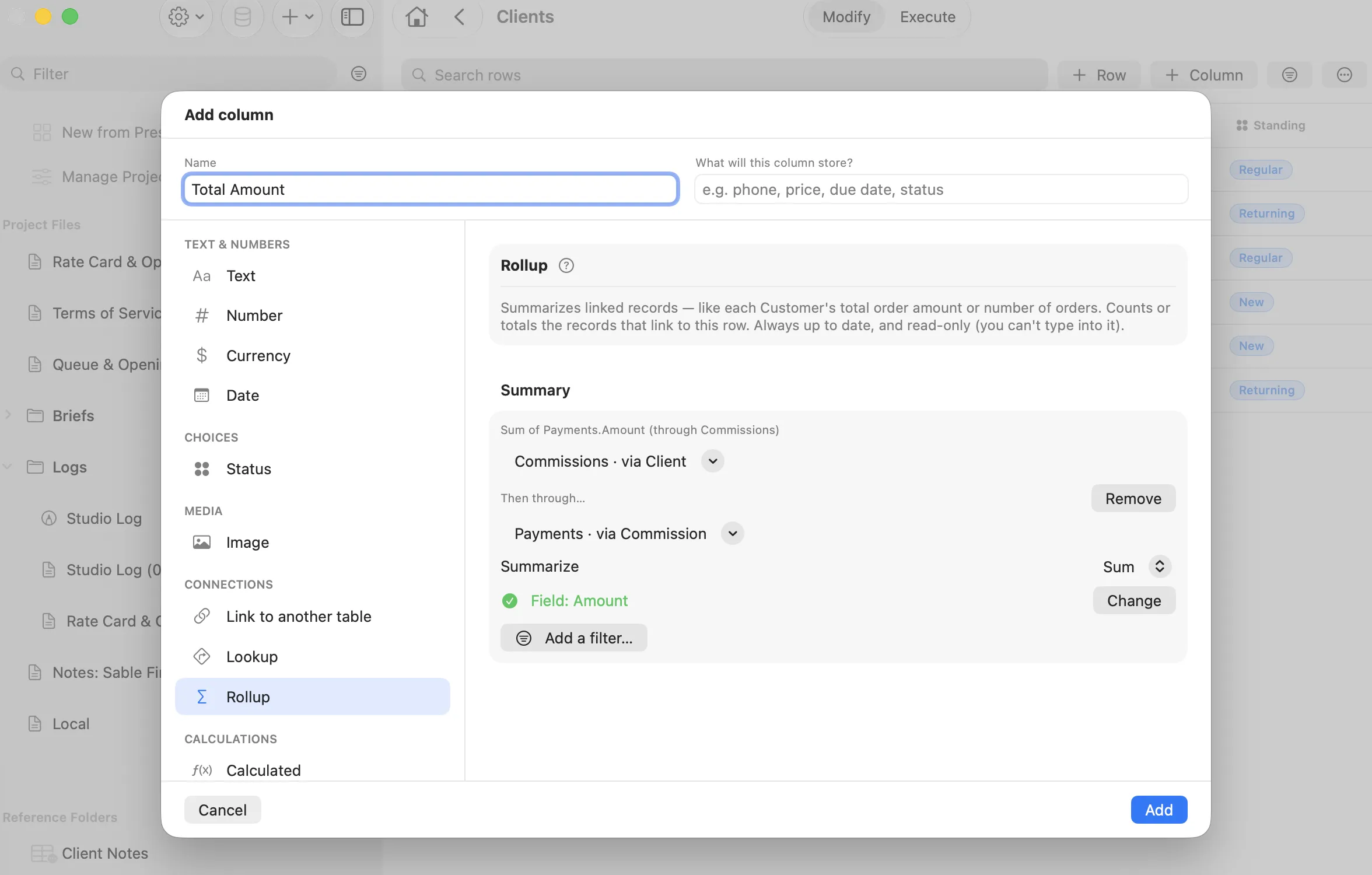 The Add column dialog in Modexe configuring a Rollup that sums Payments through Commissions.