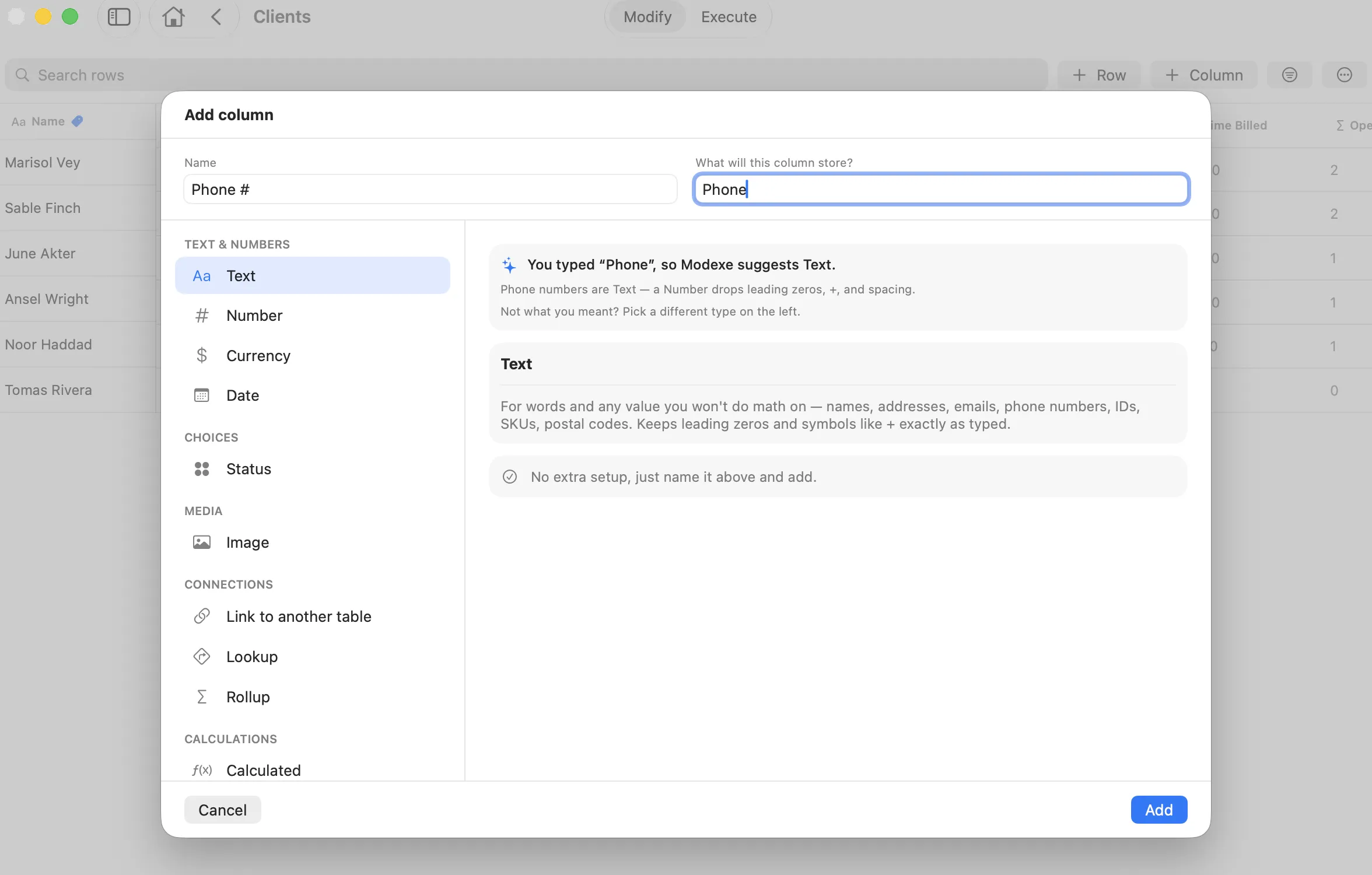 The Add column dialog in Modexe suggesting the Text type for a column named Phone #.